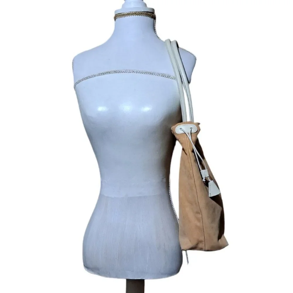 Furla Women's Tan Suede White Leather Trim Drawstring  Shoulder Purse Bag